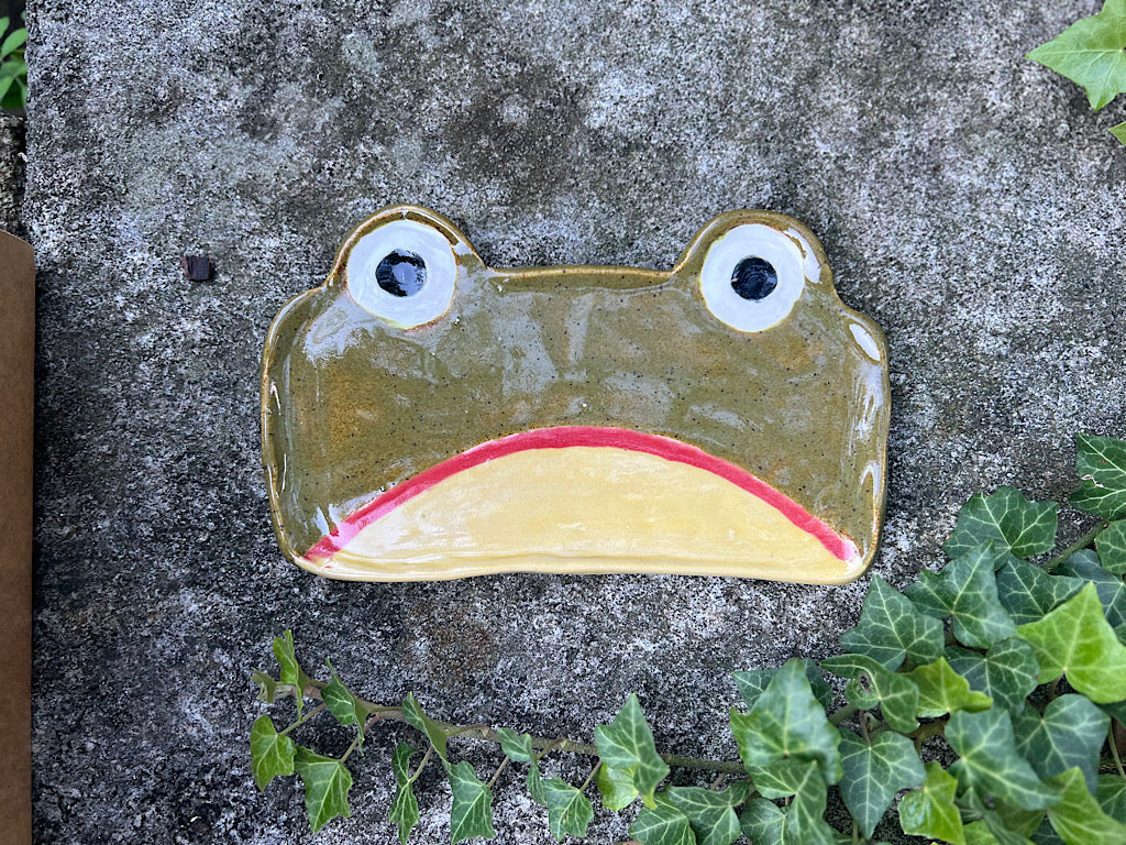Ceramic frog-shaped dish on a concrete surface with greenery
