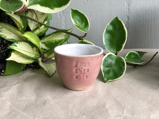 Handmade Ceramic Espresso Cup - Green Stoneware 40 ml - with writing "fuck this shit"