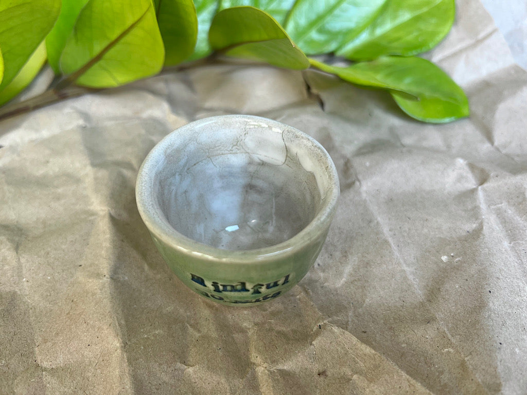 SECONDS Ceramic Espresso Cup - Green Stoneware 40 ml - with writing "mindful moments"