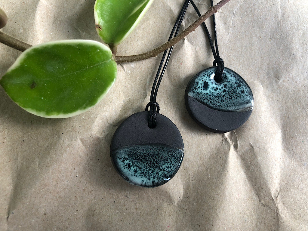 Handmade Ceramic Pendant Necklace - Black Clay Glazed Green - Rainforest