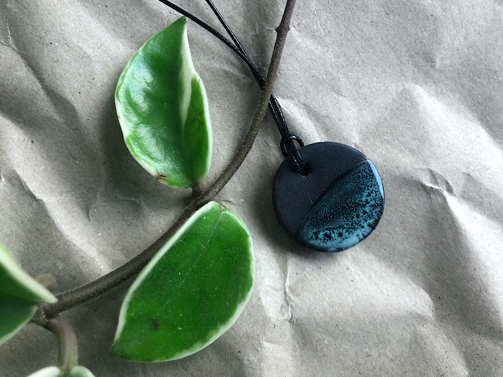 Handmade Ceramic Pendant Necklace - Black Clay Glazed Green - Rainforest