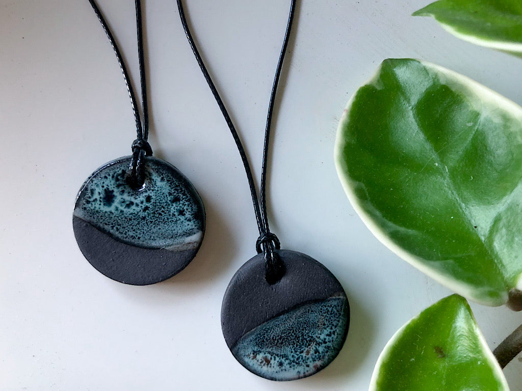 Handmade Ceramic Pendant Necklace - Black Clay Glazed Green - Rainforest