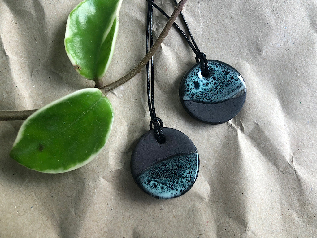 Handmade Ceramic Pendant Necklace - Black Clay Glazed Green - Rainforest
