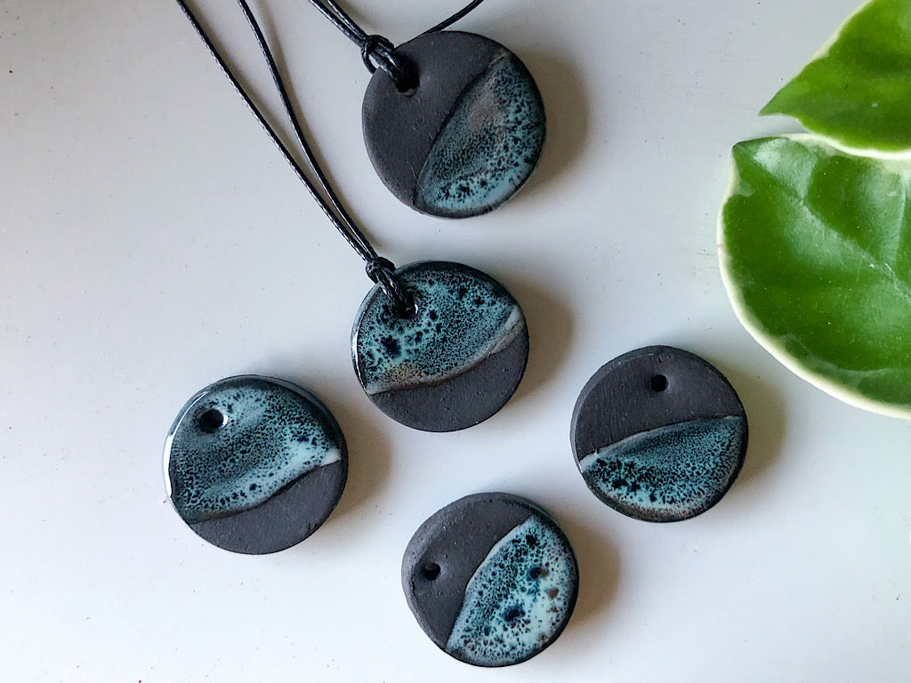 Handmade Ceramic Pendant Necklace - Black Clay Glazed Green - Rainforest