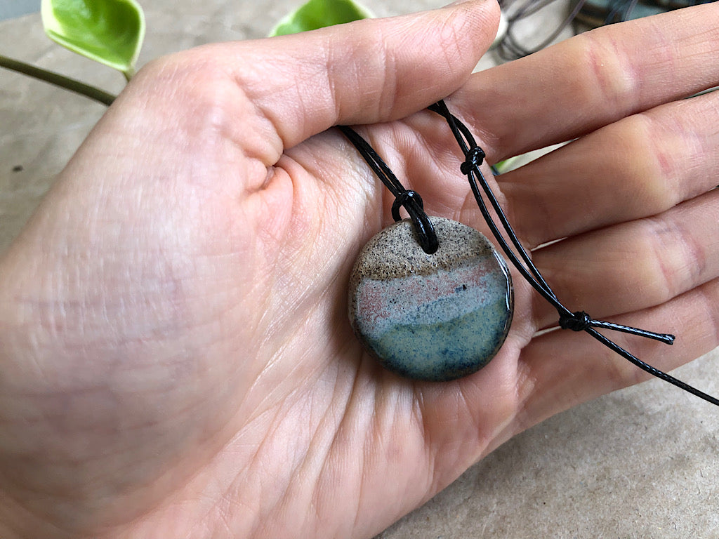 Handmade Ceramic Pendant Necklace - Gray Clay Glazed Blue - Lakeshore