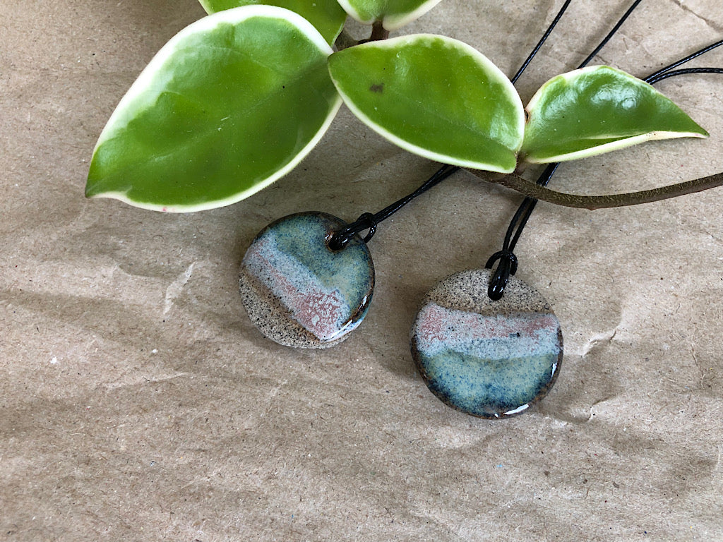 Handmade Ceramic Pendant Necklace - Gray Clay Glazed Blue - Lakeshore