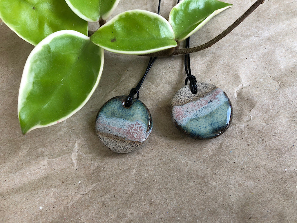 Handmade Ceramic Pendant Necklace - Gray Clay Glazed Blue - Lakeshore