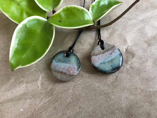 Handmade Ceramic Pendant Necklace - Gray Clay Glazed Blue - Lakeshore