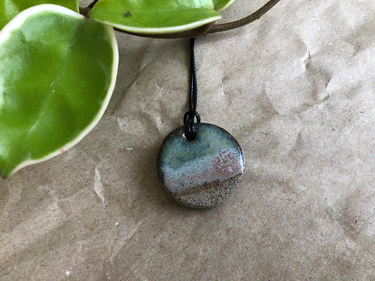 Handmade Ceramic Pendant Necklace - Gray Clay Glazed Blue - Lakeshore