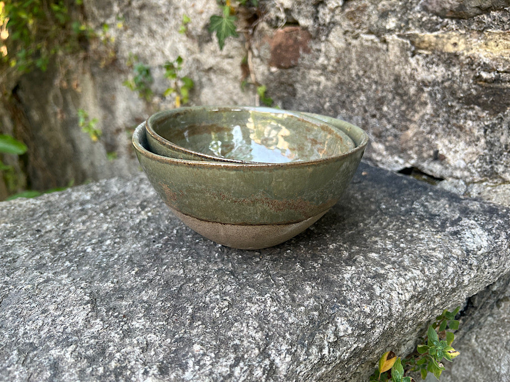 Handmade Ceramic Muesli Bowl - Gray and Green Stoneware 250 or 300 ml - Lichen