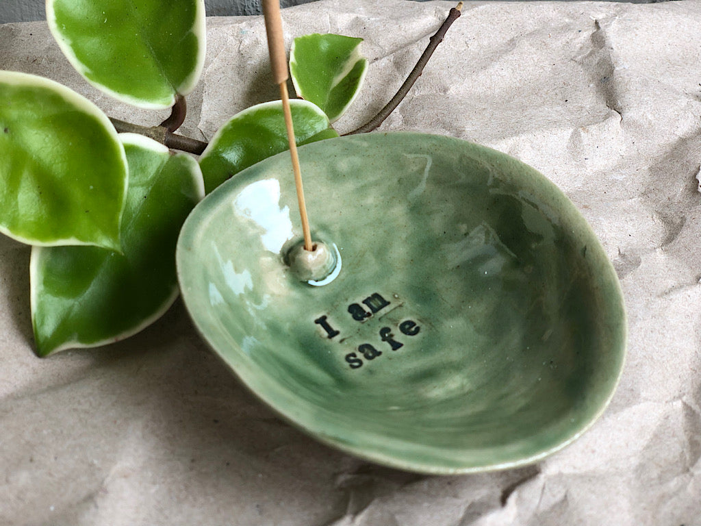 Handmade Ceramic Incense Holder with Writing - I am safe