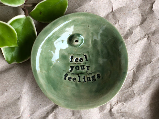 Handmade Ceramic Incense Holder with Writing - feel your feelings