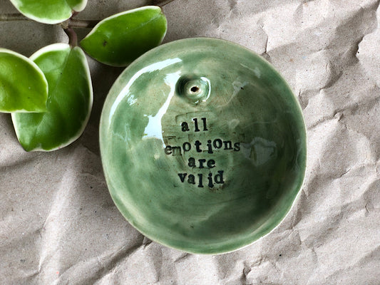 Handmade Ceramic Incense Holder with Writing - all emotions are valid