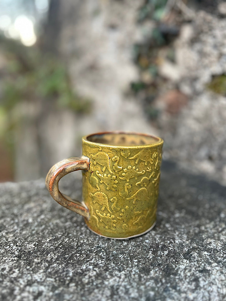 Handmade Ceramic Coffee Mug - Green Stoneware 300 ml - Dinosaurs