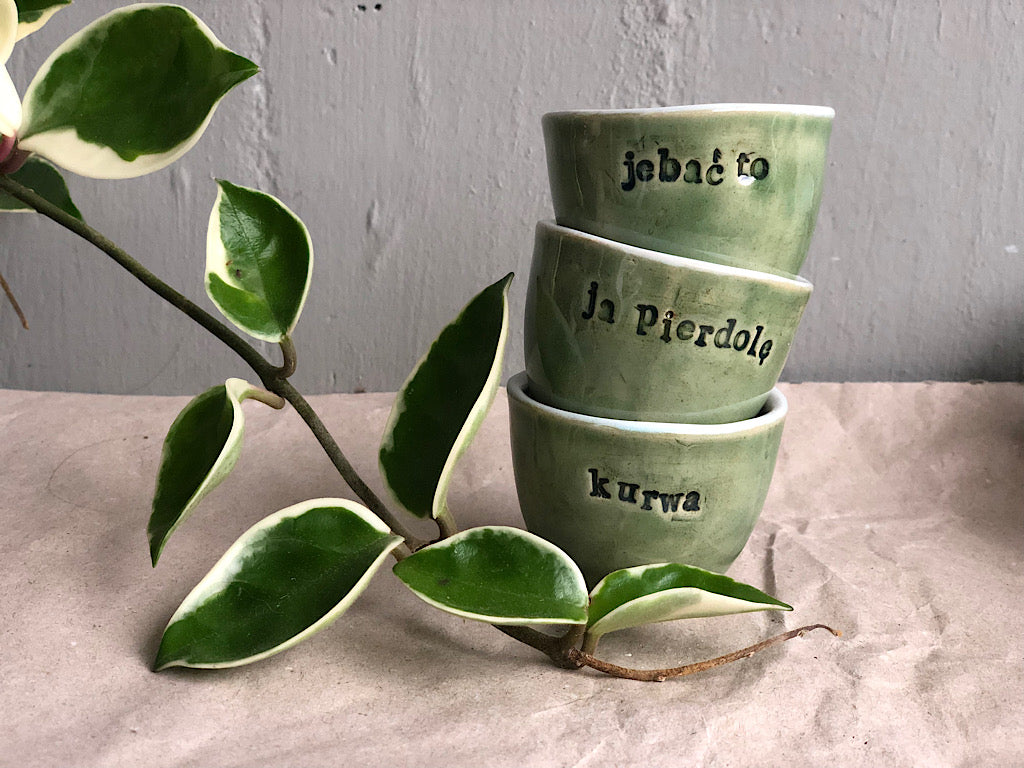 Handmade Ceramic Espresso Cup - Green Stoneware 40 ml - with writing - Polish swear words
