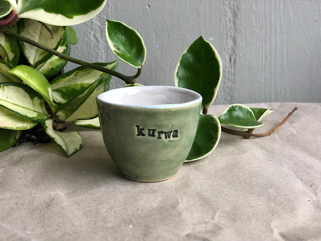 Handmade Ceramic Espresso Cup - Green Stoneware 40 ml - with writing - Polish swear words
