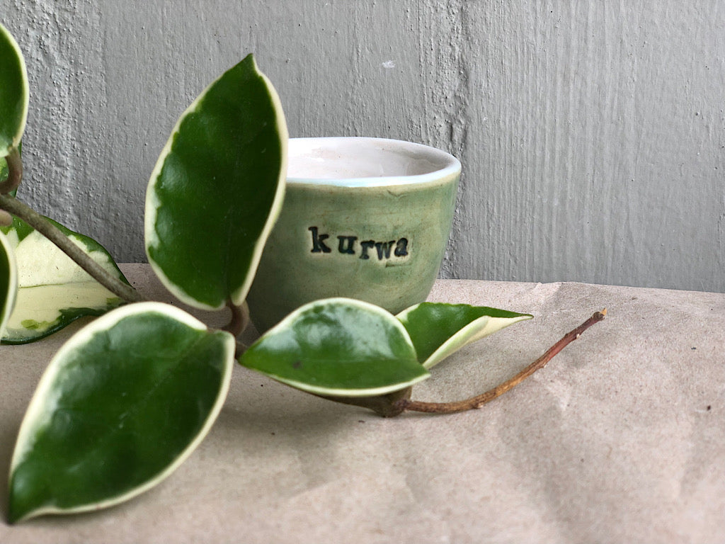 Handmade Ceramic Espresso Cup - Green Stoneware 40 ml - with writing - Polish swear words