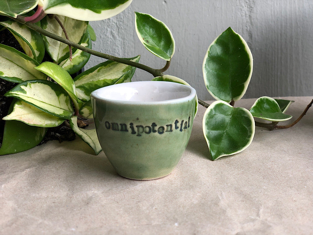 Handmade Ceramic Espresso Cup - Green Stoneware 40 ml - with writing on neurodiversity - autism and ADHD