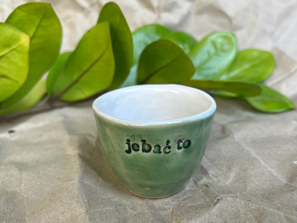 Handmade Ceramic Espresso Cup - Green Stoneware 40 ml - with writing - Polish swear words