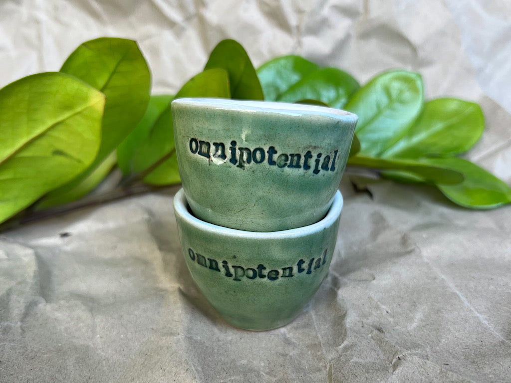 Handmade Ceramic Espresso Cup - Green Stoneware 40 ml - with writing on neurodiversity - autism and ADHD