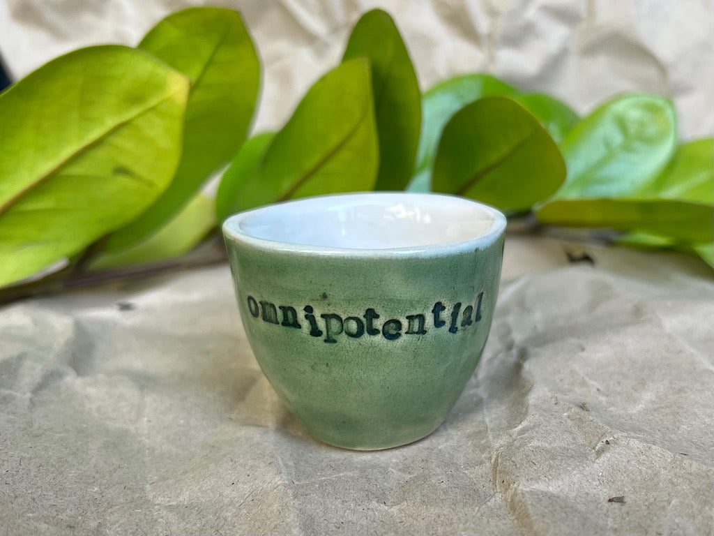 Handmade Ceramic Espresso Cup - Green Stoneware 40 ml - with writing on neurodiversity - autism and ADHD