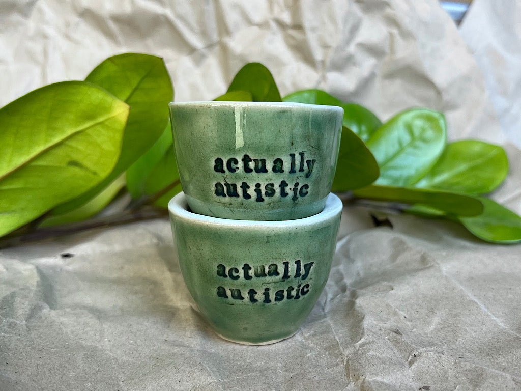 Handmade Ceramic Espresso Cup - Green Stoneware 40 ml - with writing on neurodiversity - autism and ADHD