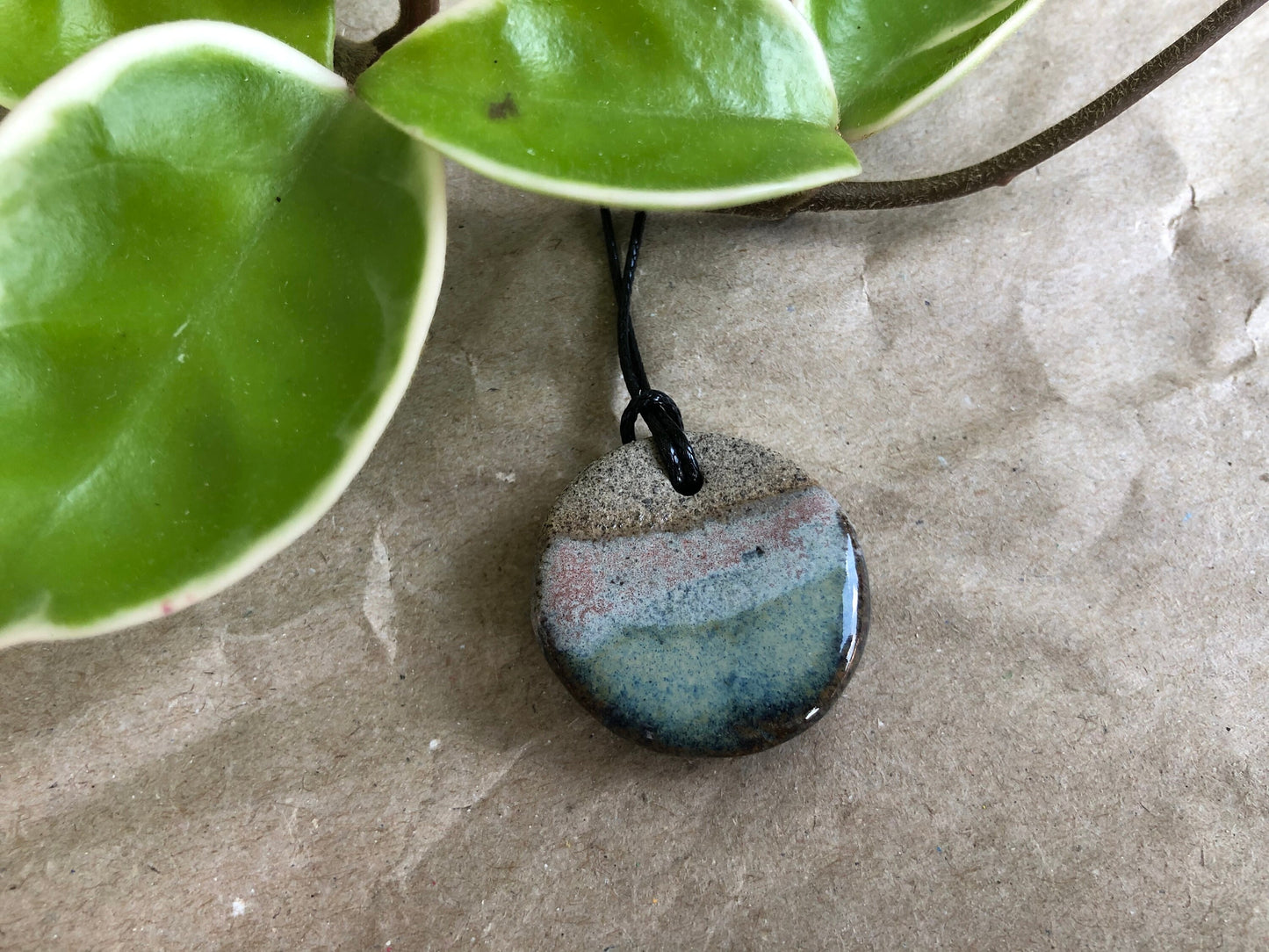 Handmade Ceramic Pendant Necklace - Gray Clay Glazed Blue - Lakeshore