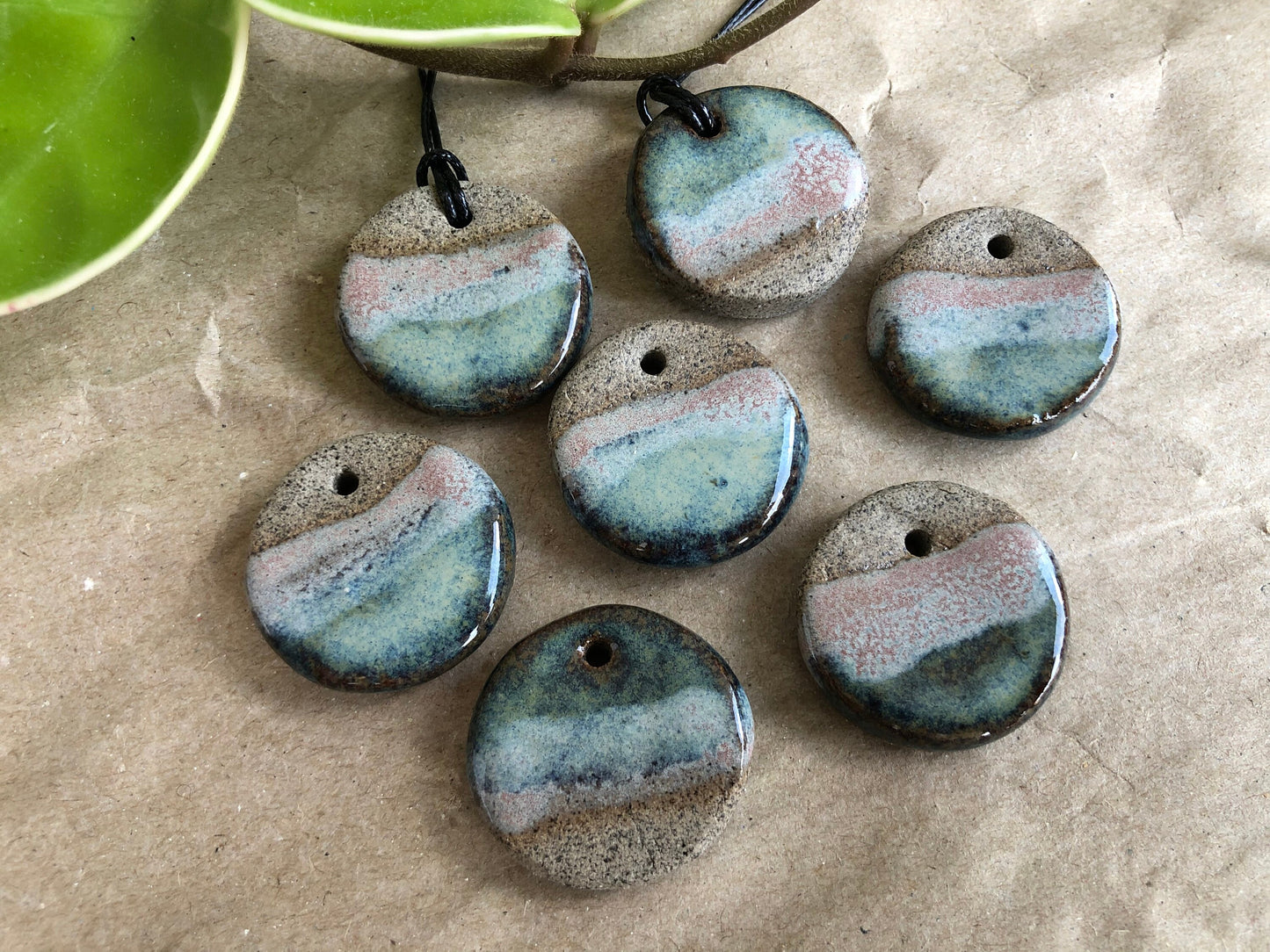 Handmade Ceramic Pendant Necklace - Gray Clay Glazed Blue - Lakeshore