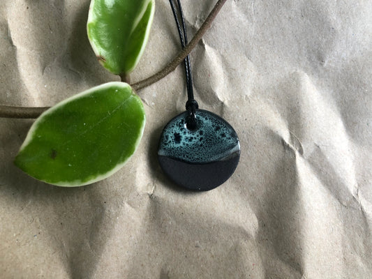 Handmade Ceramic Pendant Necklace - Black Clay Glazed Green - Rainforest