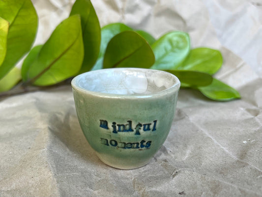 SECONDS Ceramic Espresso Cup - Green Stoneware 40 ml - with writing "mindful moments"