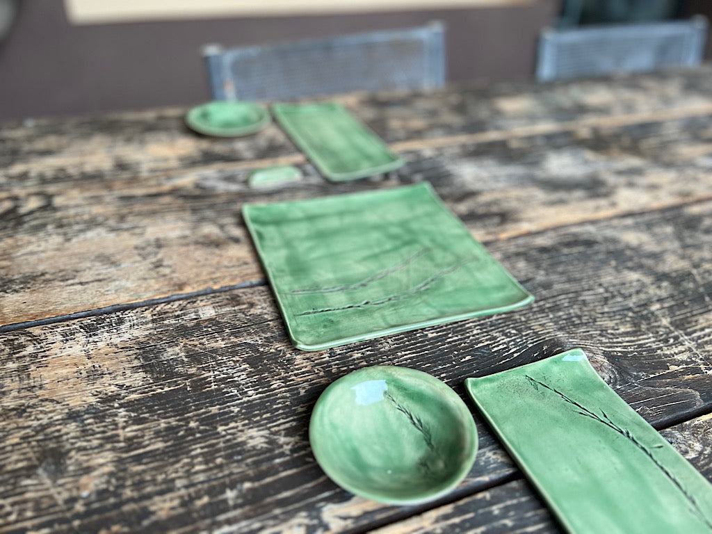 Handmade Ceramic Sushi Set for 2 - Green Stoneware Plates - 7 Piece Set