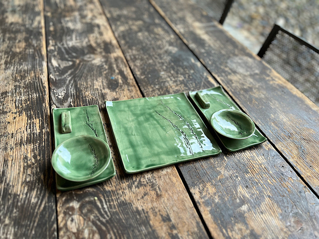 Handmade Ceramic Sushi Set for 2 - Green Stoneware Plates - 7 Piece Set