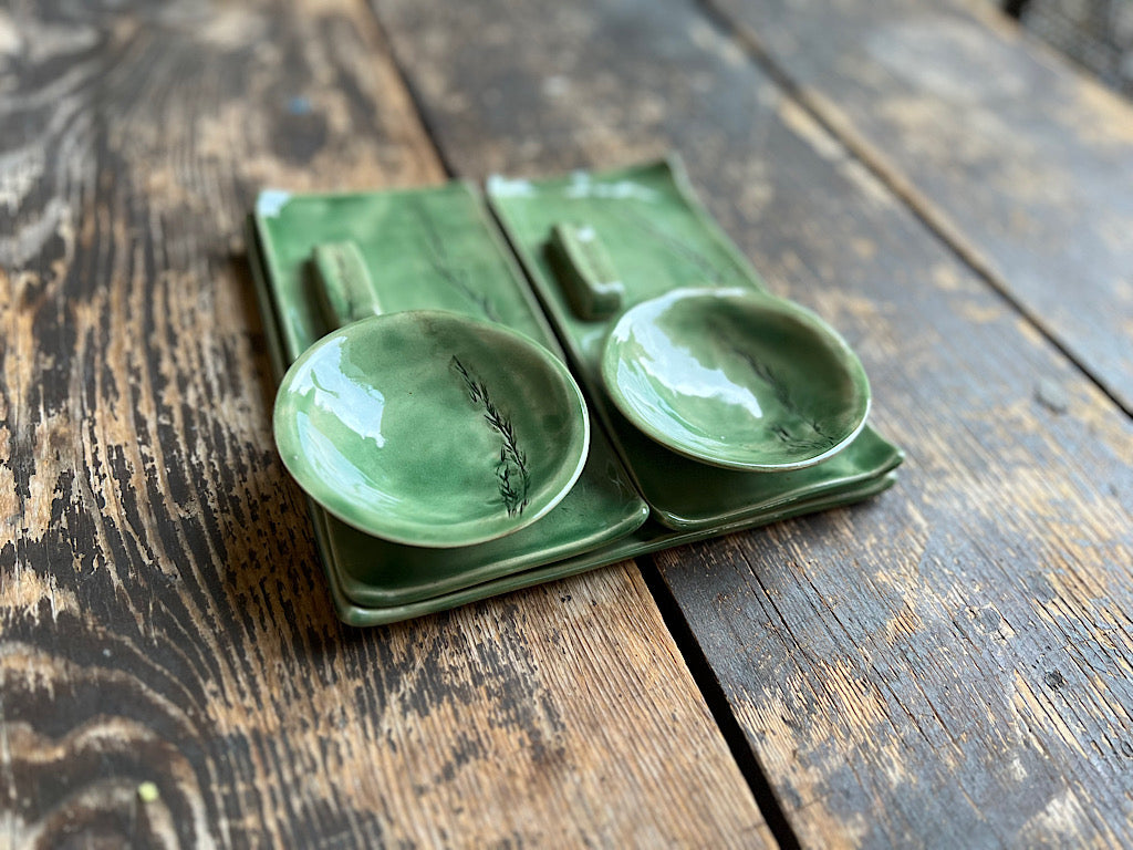 Handmade Ceramic Sushi Set for 2 - Green Stoneware Plates - 7 Piece Set
