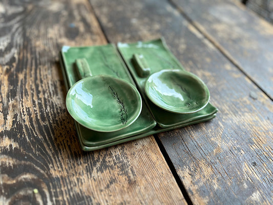 Handmade Ceramic Sushi Set for 2 - Green Stoneware Plates - 7 Piece Set