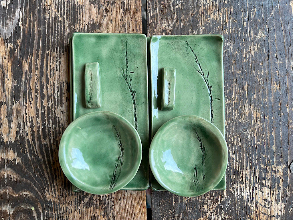 Handmade Ceramic Sushi Set for 2 - Green Stoneware Plates - 7 Piece Set