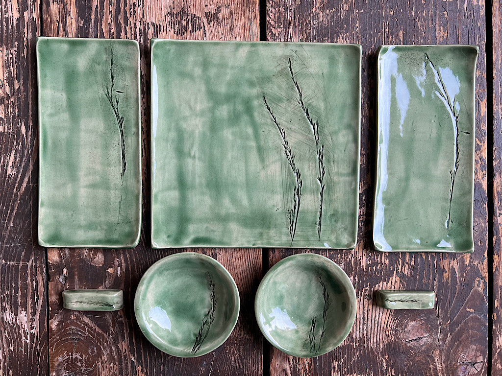 Handmade Ceramic Sushi Set for 2 - Green Stoneware Plates - 7 Piece Set